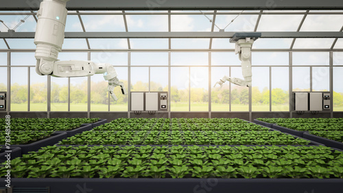 Agriculture technology with robot assistant in indoor farm or glasshouse