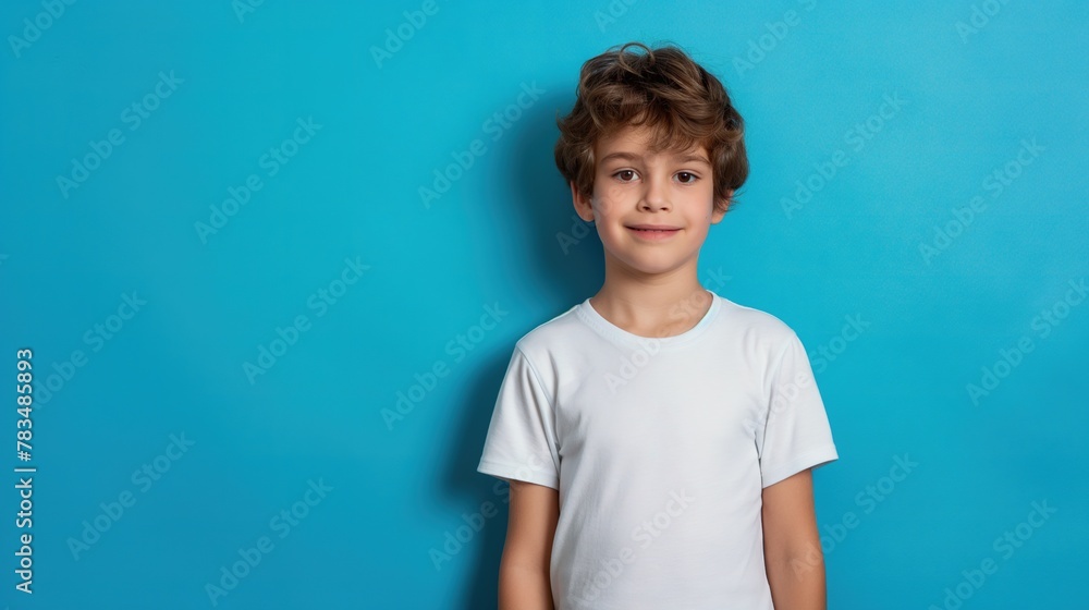 Stylish Mock-up Male Child in Bella Canvas White Shirt Against Blue Background Stylish Mock-up Male Child in Bella Canvas White Shirt Against Blue Background