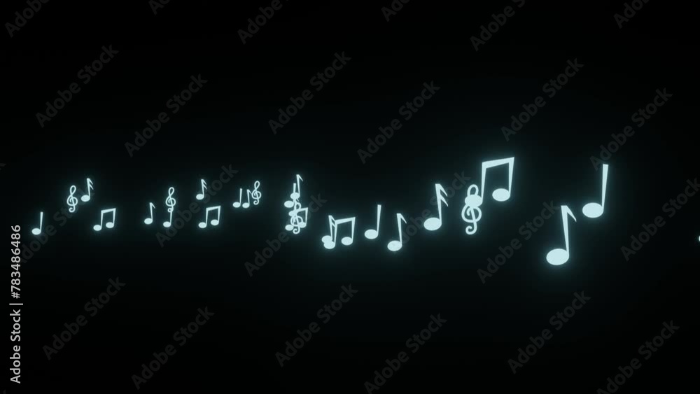 Illustration of musical notes running in a row on a black background. Music note animation
