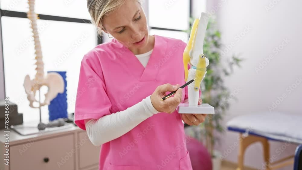 A focused woman in scrubs examines a knee model in a bright clinic room, suggesting a medical professional in a healthcare setting. A focused woman in scrubs examines a knee model in a bright clinic room, suggesting a medical professional in a healthcare setting.