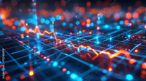 Financial stock market charts with trend lines, blue charts, charts showing uptrends, orange and red lines and arrows, background material for financial newspapers.