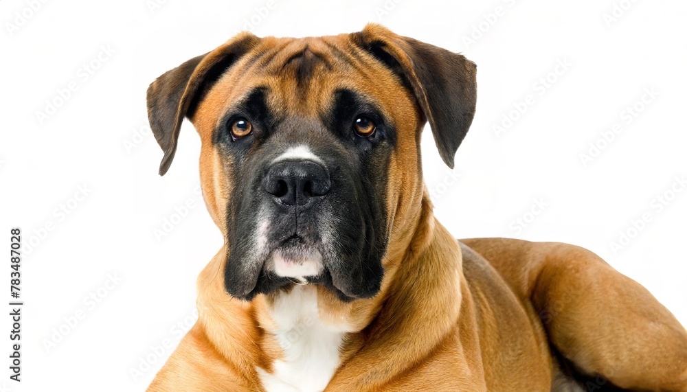 Boerboel - Canis lupus familiaris - a South African breed of large family guard dog of mastiff type, with a short coat, strong bone structure and well developed muscles. Face head Isolated on white