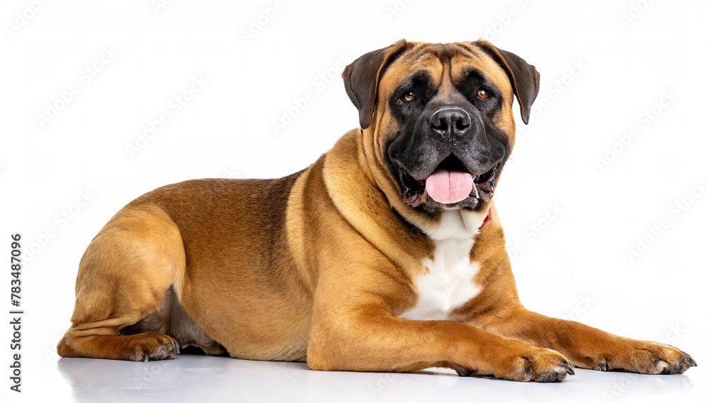 Boerboel - Canis lupus familiaris - is a South African breed of large family guard dog of mastiff type, with a short coat, strong bone structure and well developed muscles. Laying Isolated on white Boerboel - Canis lupus familiaris - is a South African breed of large family guard dog of mastiff type, with a short coat, strong bone structure and well developed muscles. Laying Isolated on white