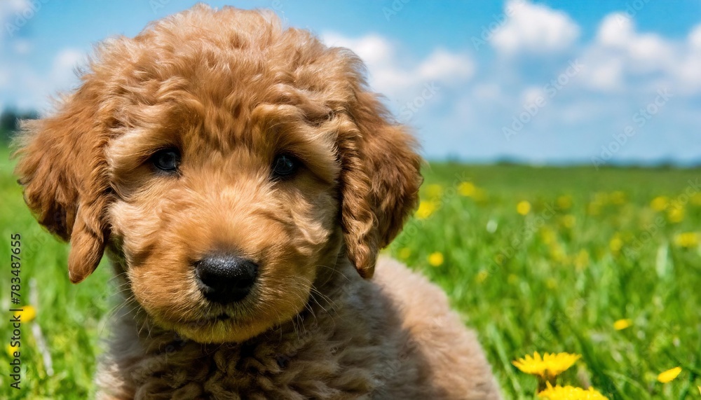 Labradoodle dog puppy - Canis lupus familiaris - popular family dog, great with children looking at camera with green field and blue sky background Labradoodle dog puppy - Canis lupus familiaris - popular family dog, great with children looking at camera with green field and blue sky background