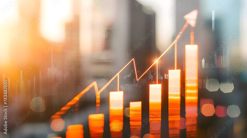 Business charts with arrows, a graph showing an upward trend in sales ...