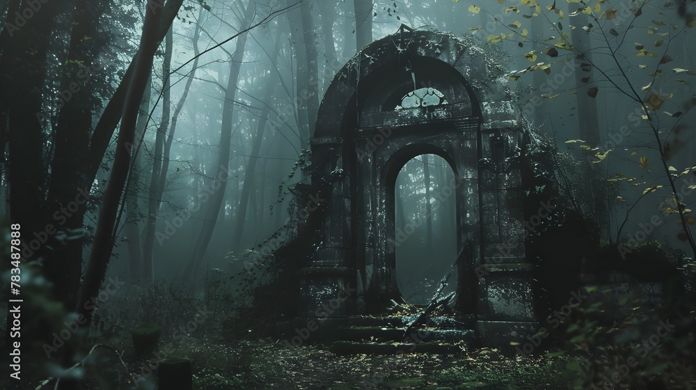Forgotten Shrine Emerges from the Mist-Shrouded Depths of the Haunted Forest,Hinting at Dark Rituals of the Past