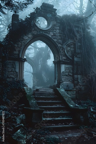 Decaying Gothic Arch Offering Refuge in a Haunting Landscape of Shadows and Mist