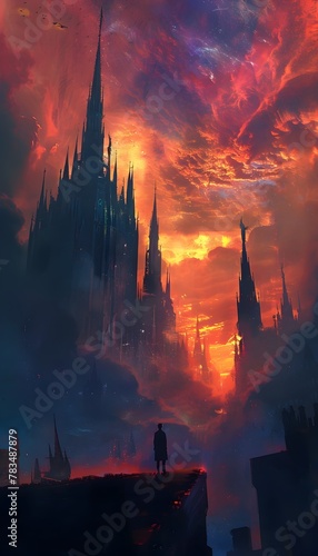A Lone Silhouetted Figure Amid the Towering Gothic Spires and Dramatic Fiery Sky