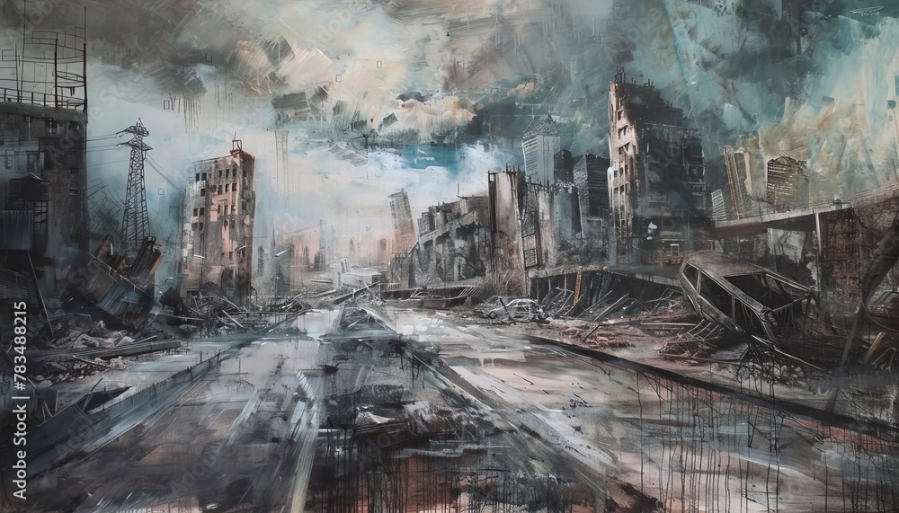 Transform the panoramic view of a dystopian cityscape into an eerie, photorealistic oil painting Capture the desolation and chaos with intricate brush strokes and a muted color palette
