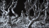 Sculpt a clay miniature scene of a ghostly figure standing amidst a field of twisted trees, capturing the essence of horror thrills in a minimalist, yet detailed, abstract form Use shadows and highlig
