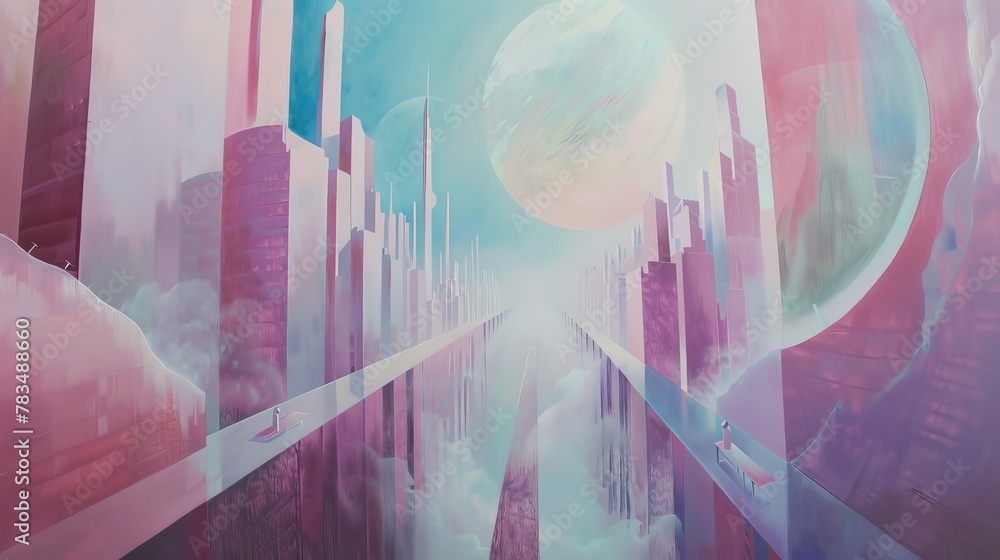Paint a serene, surreal ethereal landscape of a futuristic city rising to the sky, with soft, dreamy colors blending into each other, in acrylic medium - obrazy, fototapety, plakaty 