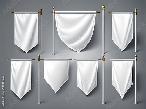  White pennant flags mockup design, blank vertical banners on a flagpole with rounded, straight, pointed and double edges design 