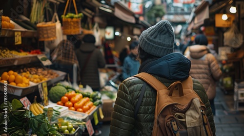 A woman wearing a hat and a backpack walks through a market
