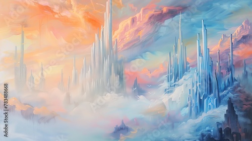 Paint a serene, surreal ethereal landscape of a futuristic city rising to the sky, with soft, dreamy colors blending into each other, in acrylic medium