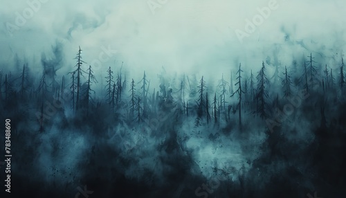 Paint a panoramic view of a dark forest shrouded in mist, with minimalist black silhouettes hinting at lurking horrors Utilize watercolor for a haunting yet abstract texture photo