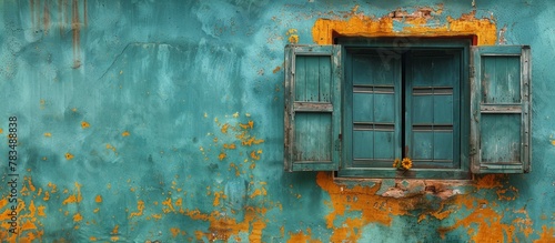 A window covered with a mix of blue and orange paint, set against a blue wall in the background photo