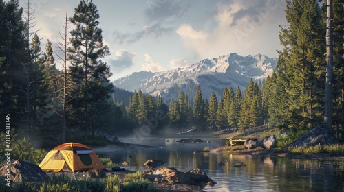 Infuse the rugged beauty of the wilderness camping experience with a psychological twist using an eye-level angle Integrate unexpected camera angles to evoke feelings of isolation and self-discovery T