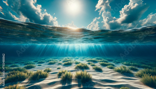 Underwater view with sun beams shining through water over a sandy sea bottom and seaweed, with a blue and white background, showcasing a serene aquatic concept. Generative AI photo