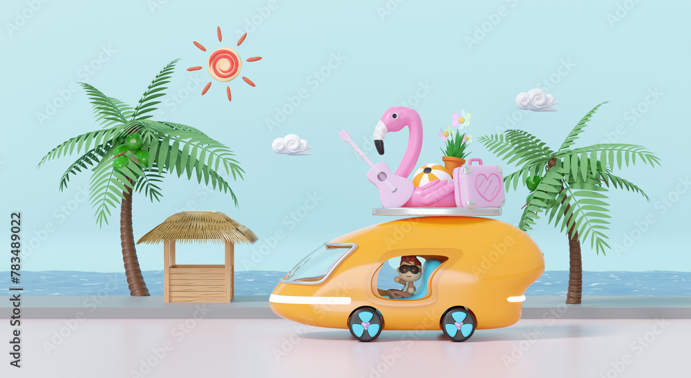 3d tourist buses run along the beach road with boy, tree, guitar, luggage, sunglasses, flower, flamingo isolated on blue. summer travel concept, 3d render illustration
