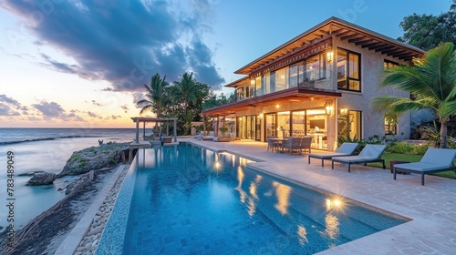 Luxurious home with pool on private beach at blue hour, AI-generative © Andy Sarmiento