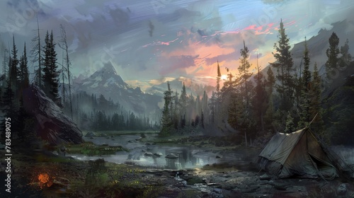 Illustrate the harmony between utopian dreams and the rugged charm of wilderness camping in a traditional art medium Embrace the impressionistic style to portray the ethereal essence of nature  blendi