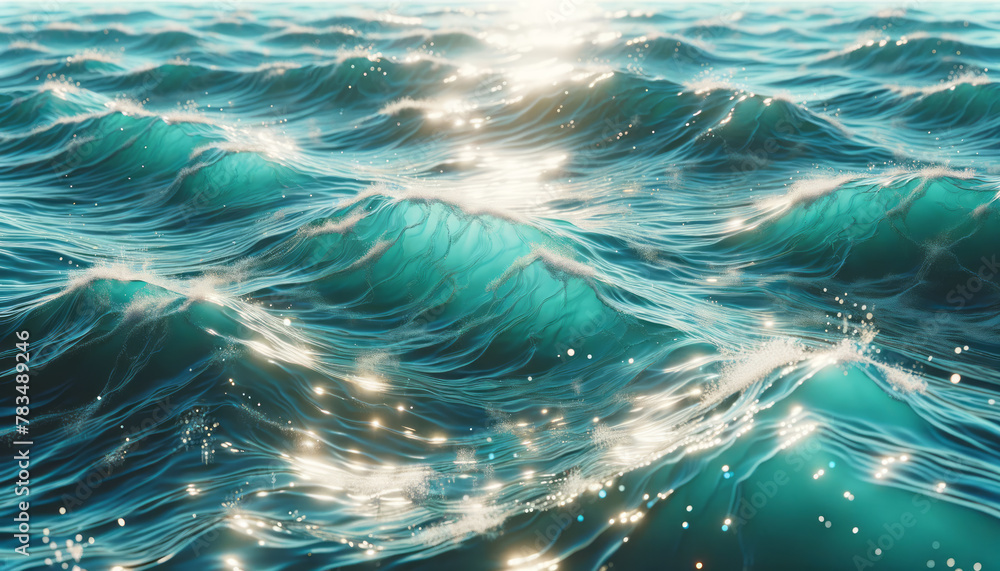 A digital illustration of sparkling ocean waves on a bright sunny day, concept of natural beauty, Generative AI. Generative AI