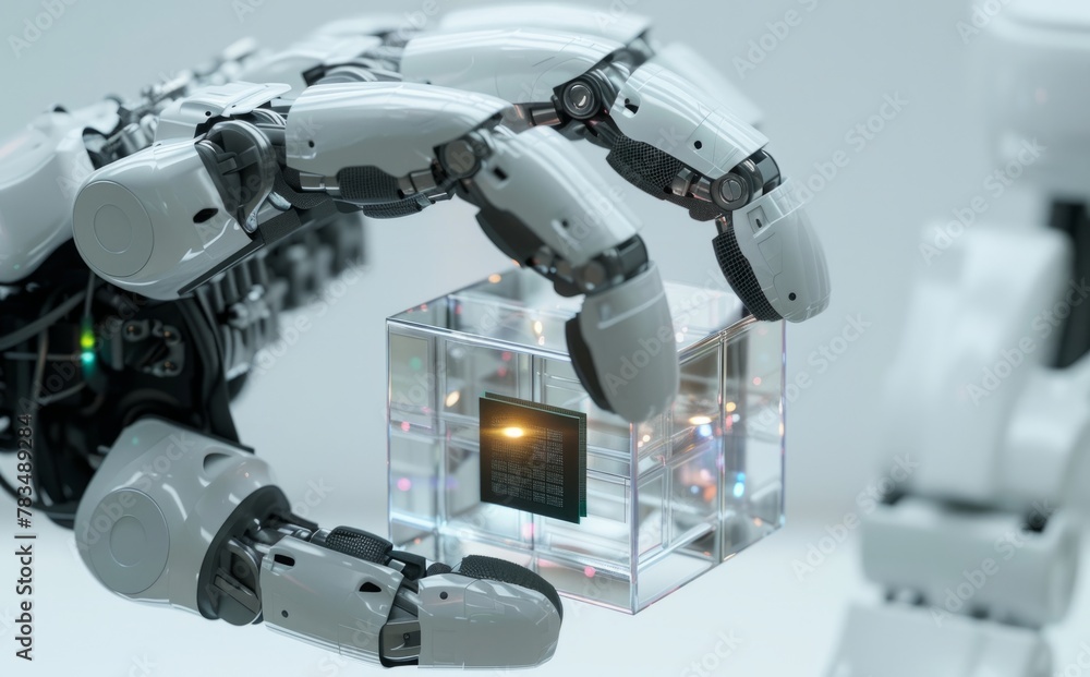 A close-up of an industrial robotic arm holding a cube glass box containing a microchip, with a white theme, A close-up of an industrial robotic arm holding a cube glass box containing a microchip, with a white theme,