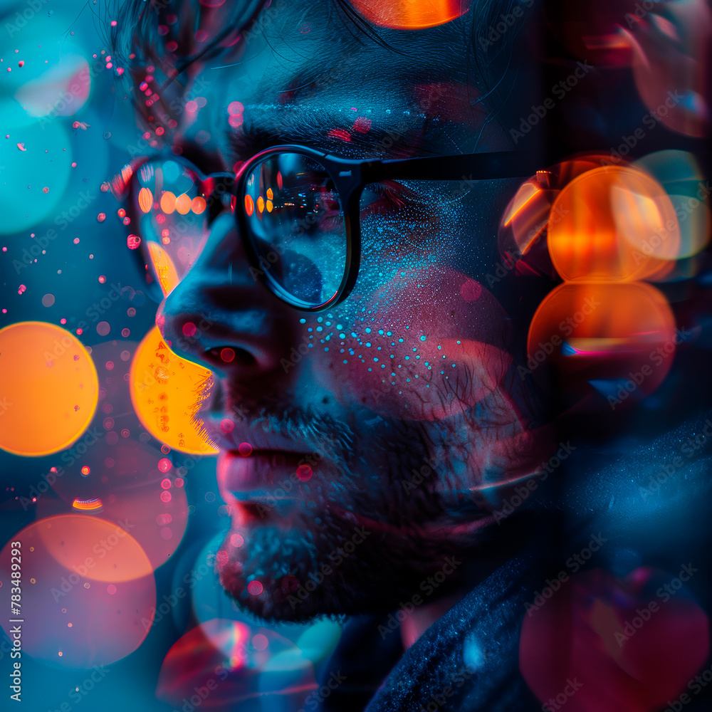 Close-up of a man with glasses against a vibrant bokeh light background, embodying a concept of creativity. Generative AI