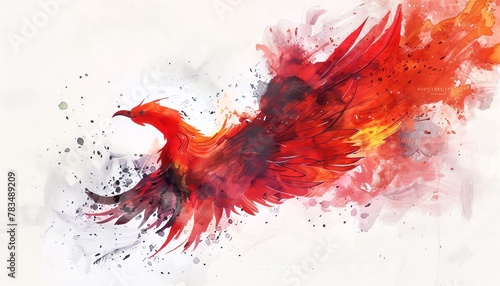 Illustrate a mysterious phoenix rising from its ashes in a minimalist design, with unexpected camera angles to showcase its fiery plumage and intricate details, executed in traditional watercolor medi