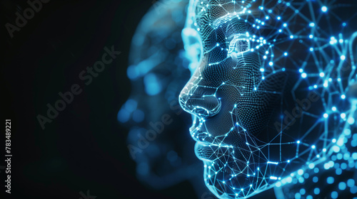 Digital Human Face Representation in Network Particles. A digital mesh forms a human face profile, showcasing a complex network of interconnected points and lines, evoking concepts of artificial intel