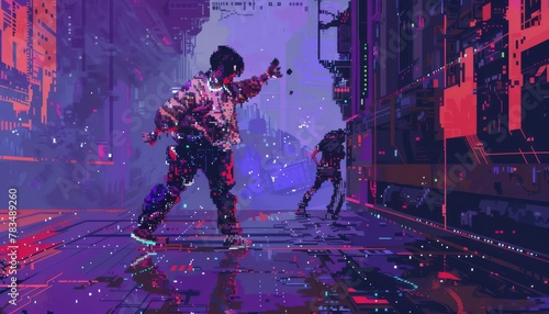 Illustrate a futuristic dance performance using pixel art, blending personal life stories with surreal elements to convey strong leadership values in a unique and engaging way