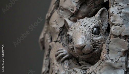Illustrate a clay sculpture of a robotic squirrel peeking curiously from a tree trunk in detailed, realistic texture © kitidach