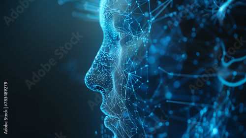 Digital Human Face Representation in Network Particles. A digital mesh forms a human face profile, showcasing a complex network of interconnected points and lines, evoking concepts of artificial intel