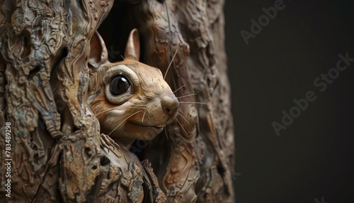 Illustrate a clay sculpture of a robotic squirrel peeking curiously from a tree trunk in detailed, realistic texture