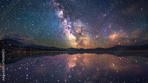A night sky filled with stars over a peaceful lake, where the milky way is reflected in the still waters, creating a double vision of the universe's vast beauty. 32k, full ultra hd, high resolution