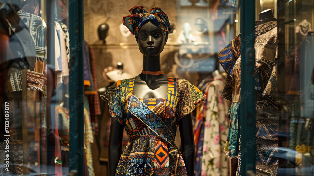 In a chic Parisian boutique a mannequin wears a stunning floorlength dress made from a beautiful mix of French lace and bold African fabric. The fusion of cultures creates a striking .