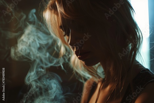 Mysterious woman with smoke, soft-focused portrait in dim light