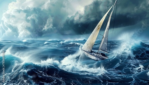 Craft a visual story of resilience using vector art, portraying a low-angle view of a lone sailboat braving rough waters, symbolizing strength and persistence amidst challenges © kitidach