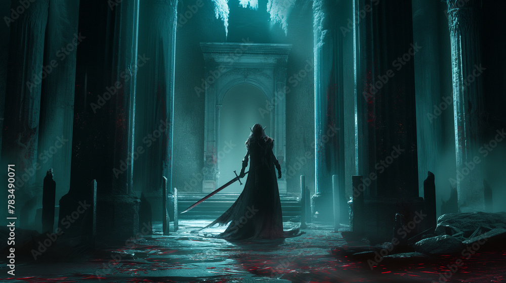 A Female Elf RPG Character Holding a Sword Walking Through A Bloody Castle Corridor Fantasy Art - obrazy, fototapety, plakaty 