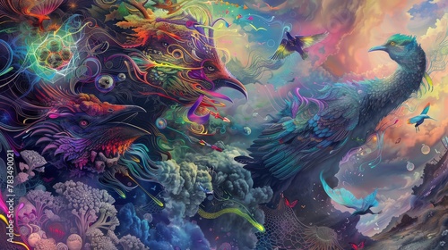 Craft a surreal oil painting featuring mystical creatures seamlessly merging with blockchain elements, portrayed from an eye-level perspective with intricate details and vibrant colors © kitidach