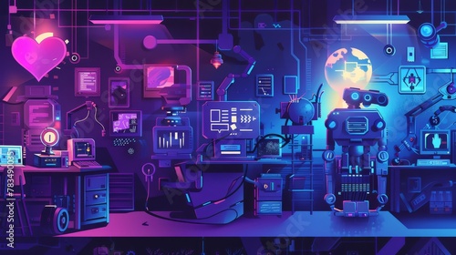 Craft a vector illustration of a high-tech laboratory scene where advanced robots create a heartwarming love story, using glitch art effects to convey a sense of mystery and intrigue