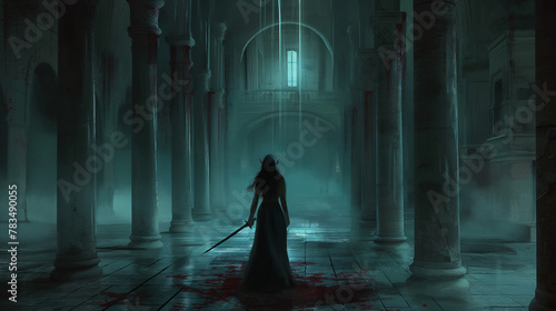 A Female Elf RPG Character Holding a Sword Walking Through A Bloody Castle Corridor Fantasy Art