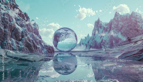 Craft a digital rendering showcasing a surreal landscape where futuristic technologies intertwine with complex psychological concepts Experiment with unexpected camera angles to evoke a sense of myste photo