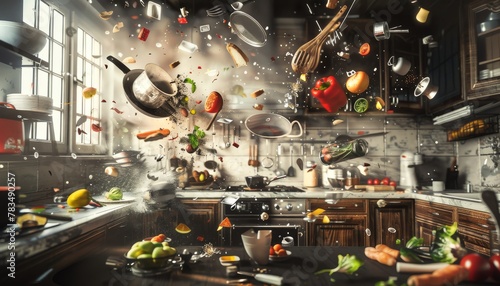 Craft a digital artwork featuring a worms-eye view of a kitchen scene with flying utensils and ingredients creating a whimsical recipe in mid-air Embrace glitch art for an unexpected twist photo