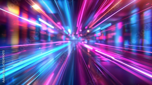 Abstract cyberpunk neon light speed lines background with a blur effect. Digital technology concept. Motion blurred light streaks on a dark background, high resolution.