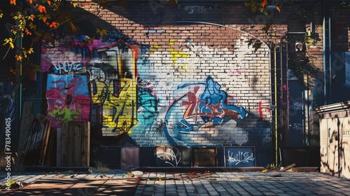 Capture the essence of Utopian Dreams in a whimsical street art scene on a brick wall Unexpected camera angles should highlight every detail, from the vibrant colors to the intricate patterns Digital © kitidach