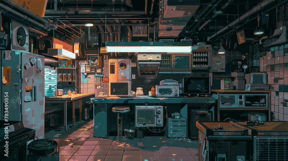 Capture a wide-angle view of a dystopian culinary scene in a pixel art style, showcasing an abandoned robot-run kitchen Capture a wide-angle view of a dystopian culinary scene in a pixel art style, showcasing an abandoned robot-run kitchen