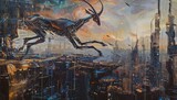 Capture the elegance of a robotic gazelle gracefully leaping towards the horizon, set against a futuristic cityscape in a mesmerizing oil painting