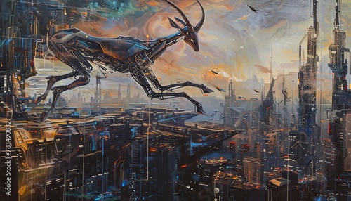 Capture the elegance of a robotic gazelle gracefully leaping towards the horizon, set against a futuristic cityscape in a mesmerizing oil painting photo