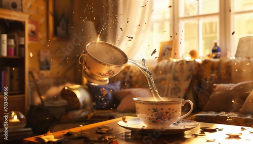Capture a surreal scene from a worms-eye view of a cozy living room, where a teacup floats mid-air, pouring tea into a hovering saucer Use watercolor for a dreamlike effect